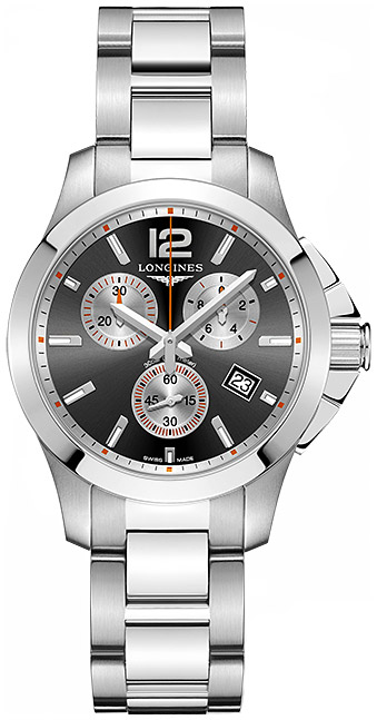 Женские часы Longines Conquest L3.379.4.79.6, механизм кварцевый хронограф, циферблат черный, браслет нержавеющая сталь — Изображение 1