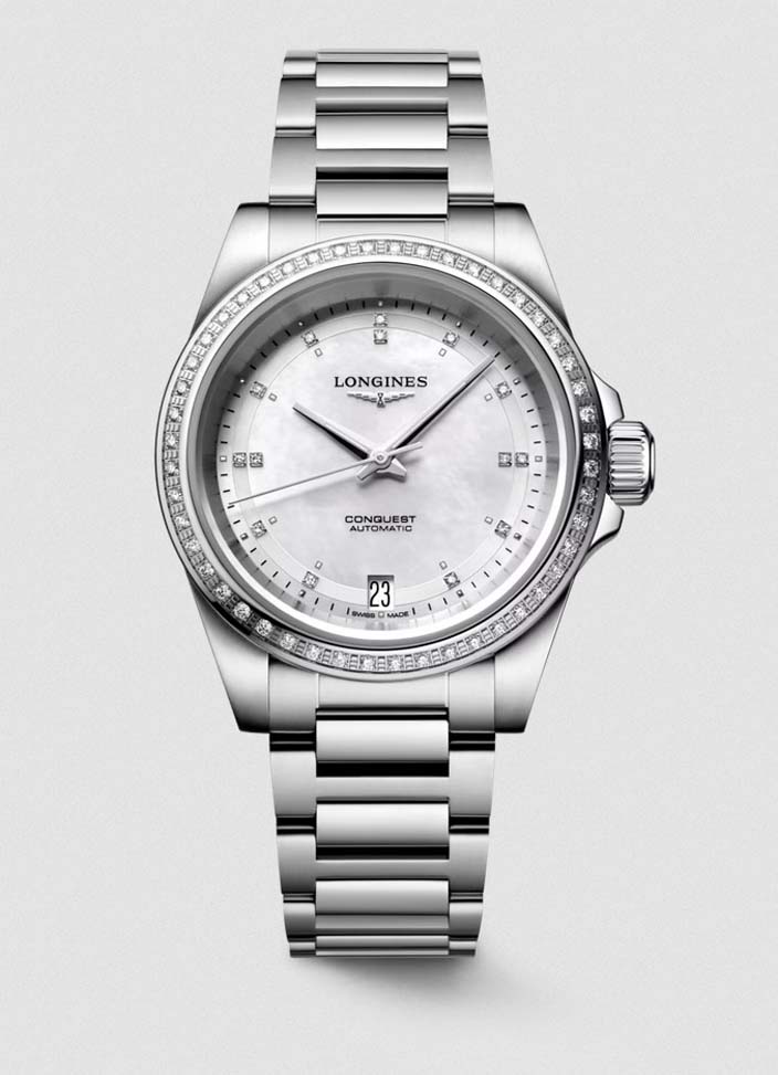 Женские часы Longines Conquest L3.430.0.87.6, механизм механический с автоподзаводом, циферблат белый, браслет нержавеющая сталь — Изображение 1