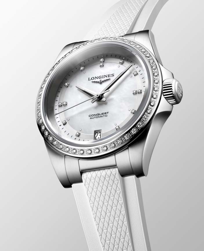 Женские часы Longines Conquest L3.430.0.87.9, механизм механический с автоподзаводом, циферблат белый, браслет каучук — Изображение 4