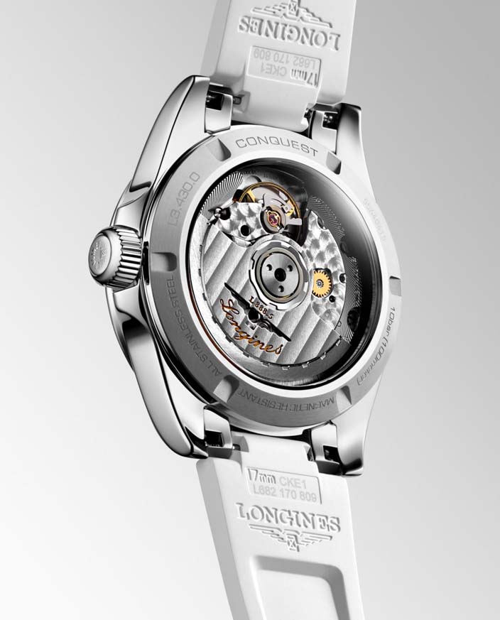 Женские часы Longines Conquest L3.430.0.87.9, механизм механический с автоподзаводом, циферблат белый, браслет каучук — Изображение 5