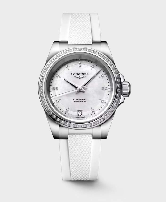 Женские часы Longines Conquest L3.430.0.87.9, механизм механический с автоподзаводом, циферблат белый, браслет каучук — Изображение 1