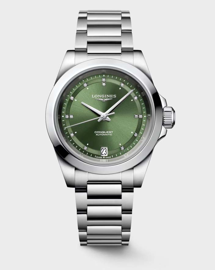 Женские часы Longines Conquest L3.430.4.07.6, механизм механический с автоподзаводом, циферблат зеленый, браслет нержавеющая сталь — Изображение 1
