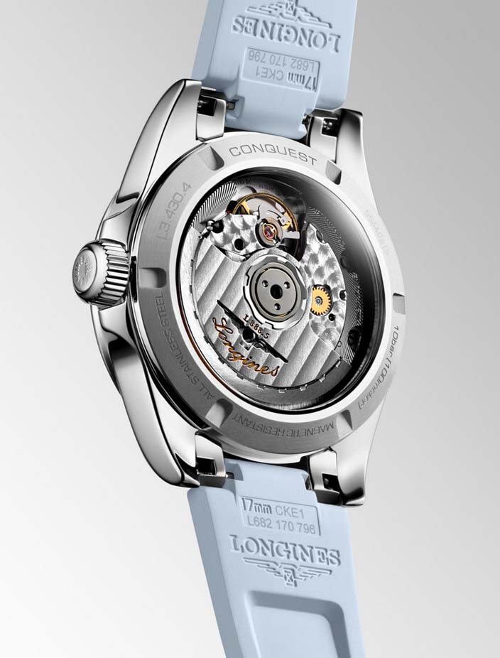 Женские часы Longines Conquest L3.430.4.92.9, механизм механический с автоподзаводом, циферблат синий, браслет каучук — Изображение 4