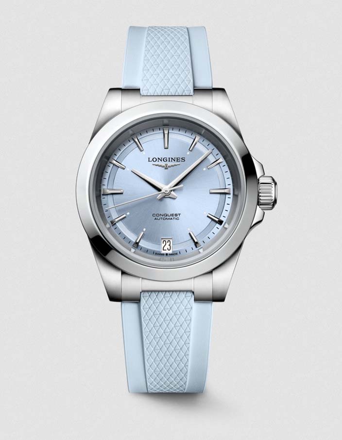 Женские часы Longines Conquest L3.430.4.92.9, механизм механический с автоподзаводом, циферблат синий, браслет каучук — Изображение 1