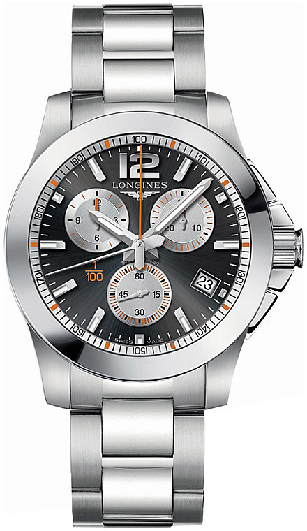 Мужские часы Longines Conquest L3.700.4.79.6, механизм кварцевый хронограф, циферблат черный, браслет нержавеющая сталь — Изображение 1