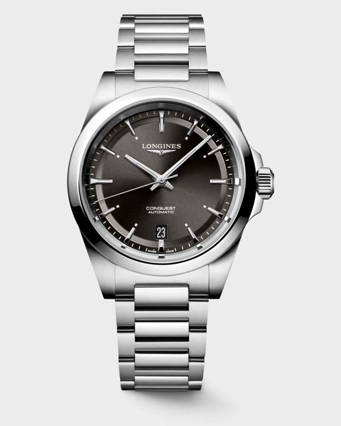 Женские часы Longines Conquest L3.720.4.52.6, механизм механический с автоподзаводом, циферблат черный, браслет нержавеющая сталь — Изображение 1