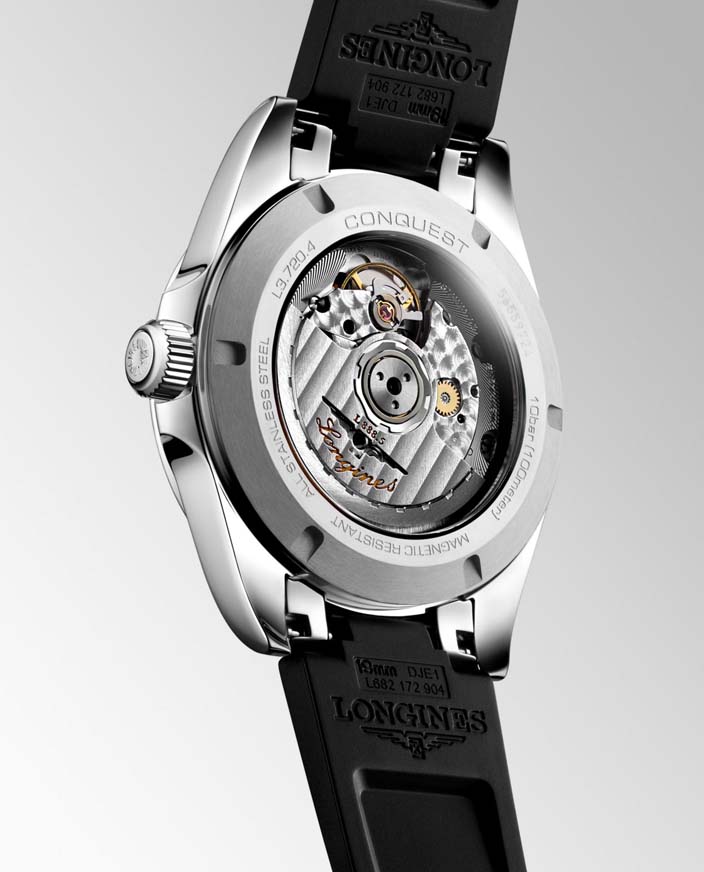 Женские часы Longines Conquest L3.720.4.52.9, механизм механический с автоподзаводом, циферблат черный, браслет каучук — Изображение 5