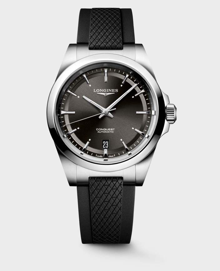 Женские часы Longines Conquest L3.720.4.52.9, механизм механический с автоподзаводом, циферблат черный, браслет каучук — Изображение 1