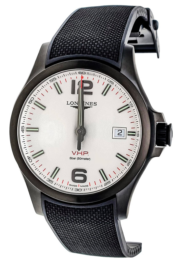Мужские часы Longines Conquest V H P  L3.726.2.76.9, механизм кварцевый, циферблат серебристый, браслет каучук — Изображение 3