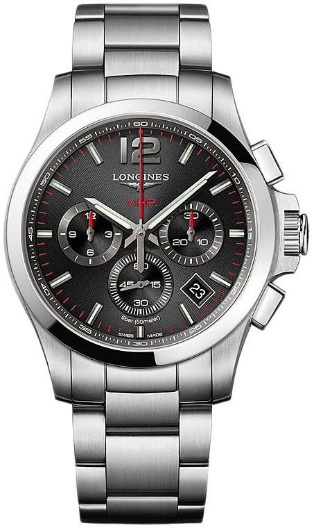 Мужские часы Longines Conquest V H P  L3.727.4.56.6, механизм кварцевый хронограф, циферблат черный, браслет нержавеющая сталь — Изображение 1