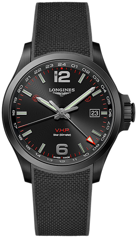 Мужские часы Longines Conquest V H P  L3.728.2.56.9, механизм кварцевый, циферблат черный, браслет каучук — Изображение 1