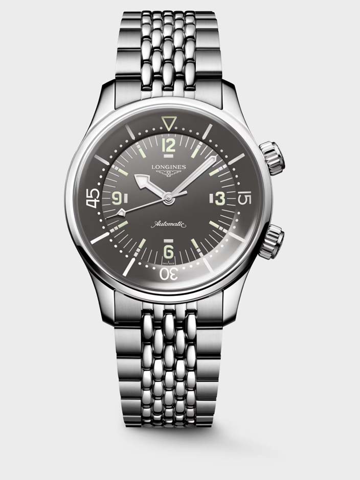 Мужские часы Longines The Longines Legend Diver Watch L3.764.4.99.6, механизм механический с автоподзаводом, циферблат серый, браслет нержавеющая сталь — Изображение 1
