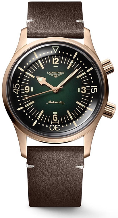 Мужские часы Longines The Longines Legend Diver Watch L3.774.1.50.2, механизм механический с автоподзаводом, циферблат зеленый, браслет кожа — Изображение 1