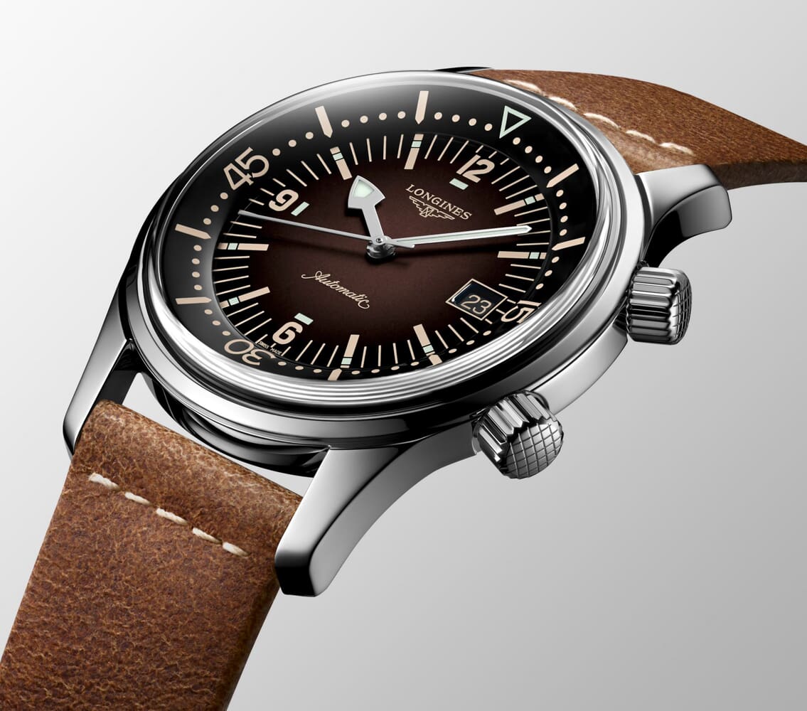 Мужские часы Longines The Longines Legend Diver Watch L3.774.4.60.2, механизм механический  с автоподзаводом, циферблат коричневый, браслет кожа — Изображение 2