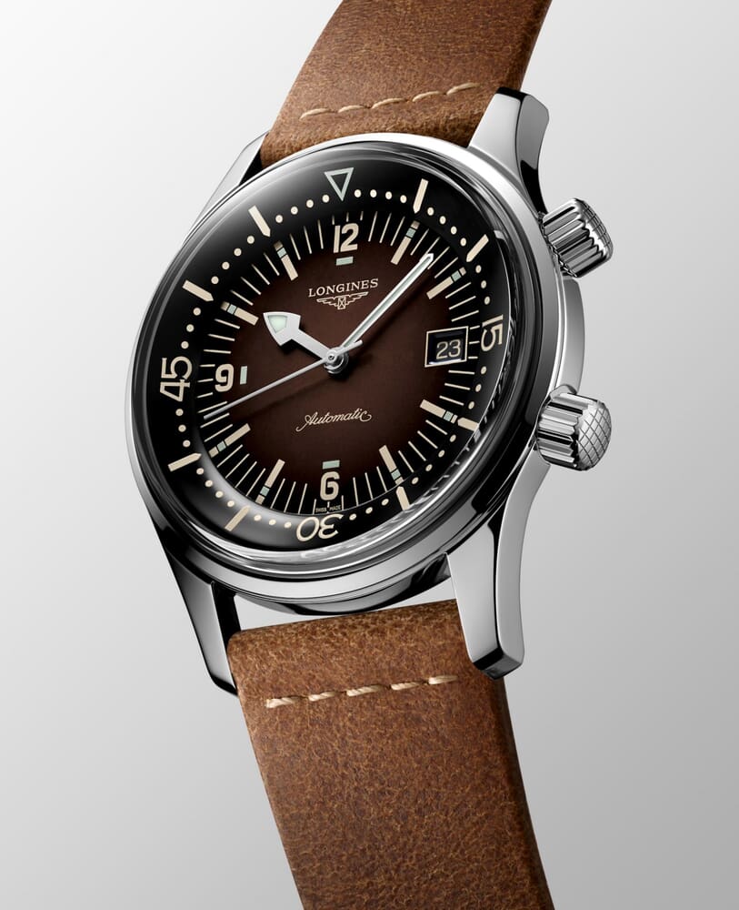 Мужские часы Longines The Longines Legend Diver Watch L3.774.4.60.2, механизм механический  с автоподзаводом, циферблат коричневый, браслет кожа — Изображение 5