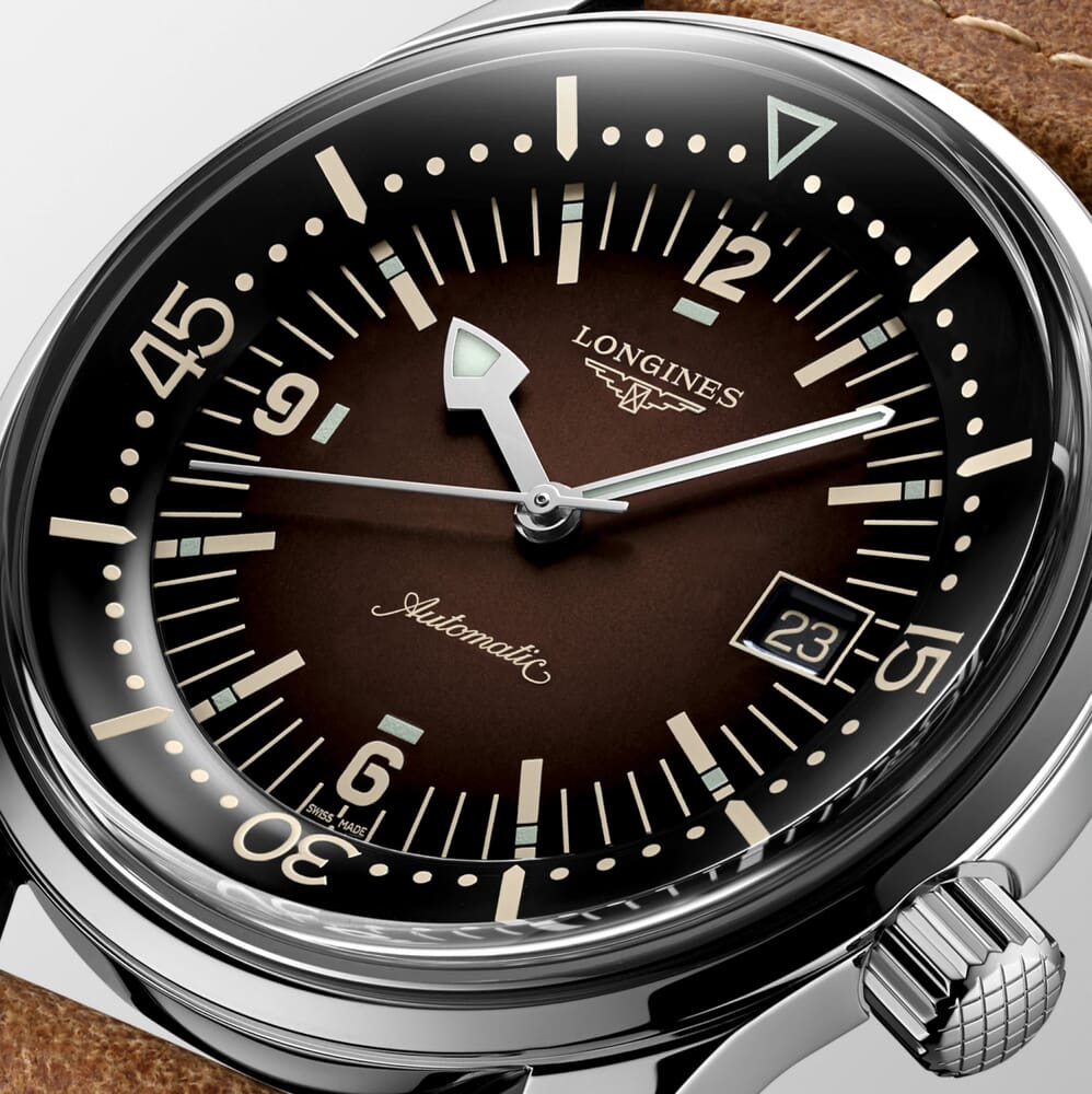 Мужские часы Longines The Longines Legend Diver Watch L3.774.4.60.2, механизм механический  с автоподзаводом, циферблат коричневый, браслет кожа — Изображение 6