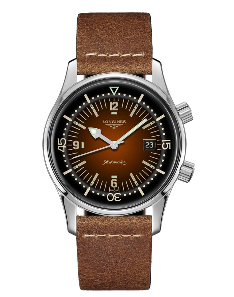 Мужские часы Longines The Longines Legend Diver Watch L3.774.4.60.2, механизм механический  с автоподзаводом, циферблат коричневый, браслет кожа — Изображение 1