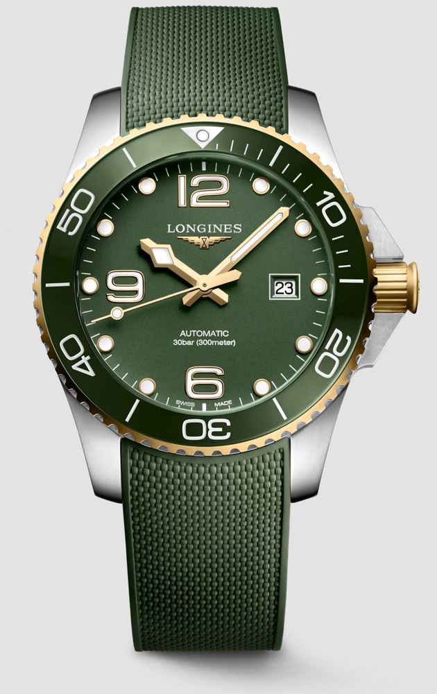 Мужские часы Longines HydroConquest L3.782.3.06.9, механизм механический с автоподзаводом, циферблат зеленый, браслет каучук — Изображение 1