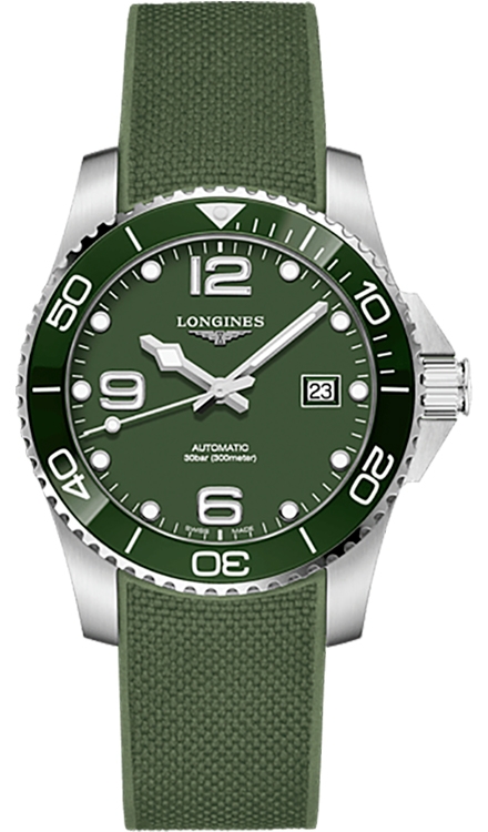 Мужские часы Longines HydroConquest L3.782.4.06.9, механизм механический с автоподзаводом, циферблат зеленый, браслет каучук — Изображение 1