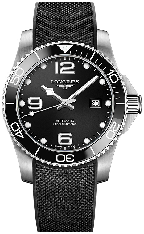 Мужские часы Longines HydroConquest L3.782.4.56.9, механизм механический с автоподзаводом, циферблат черный, браслет каучук — Изображение 1