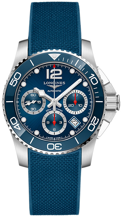 Мужские часы Longines HydroConquest L3.783.4.96.9, механизм механический хронограф с автоподзаводом, циферблат синий, браслет каучук — Изображение 1