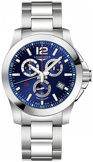 Мужские часы Longines Conquest L3.800.4.96.6, механизм кварцевый хронограф, циферблат синий, браслет нержавеющая сталь — Изображение 1