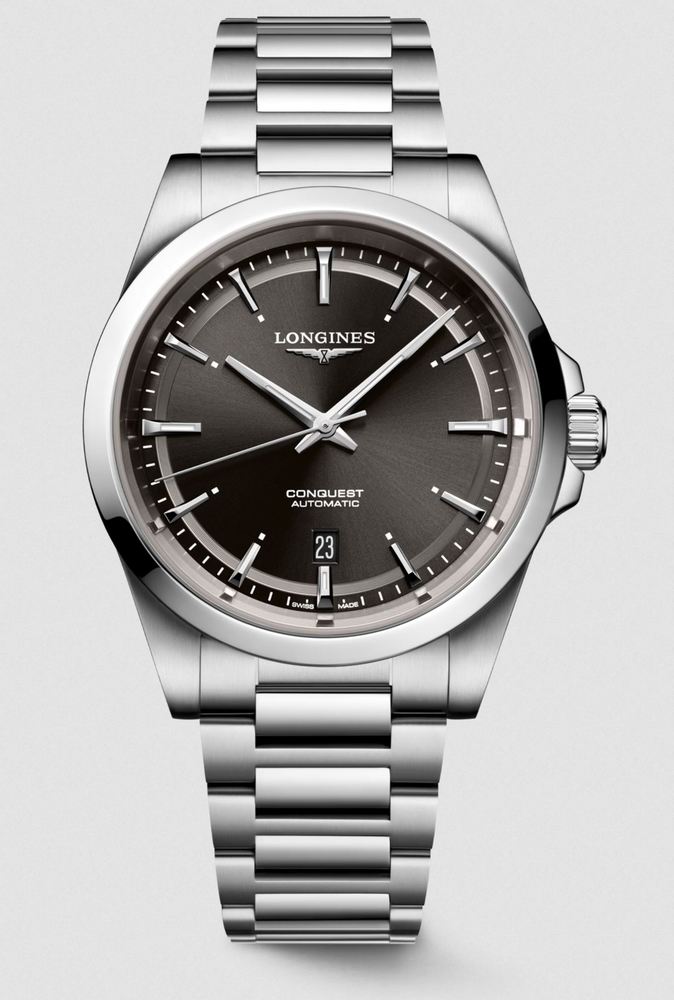 Мужские часы Longines Conquest L3.830.4.52.6, механизм механический с автоподзаводом, циферблат черный, браслет нержавеющая сталь — Изображение 1