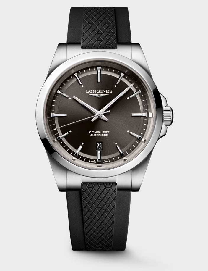Мужские часы Longines Conquest L3.830.4.52.9, механизм механический с автоподзаводом, циферблат черный, браслет каучук — Изображение 1