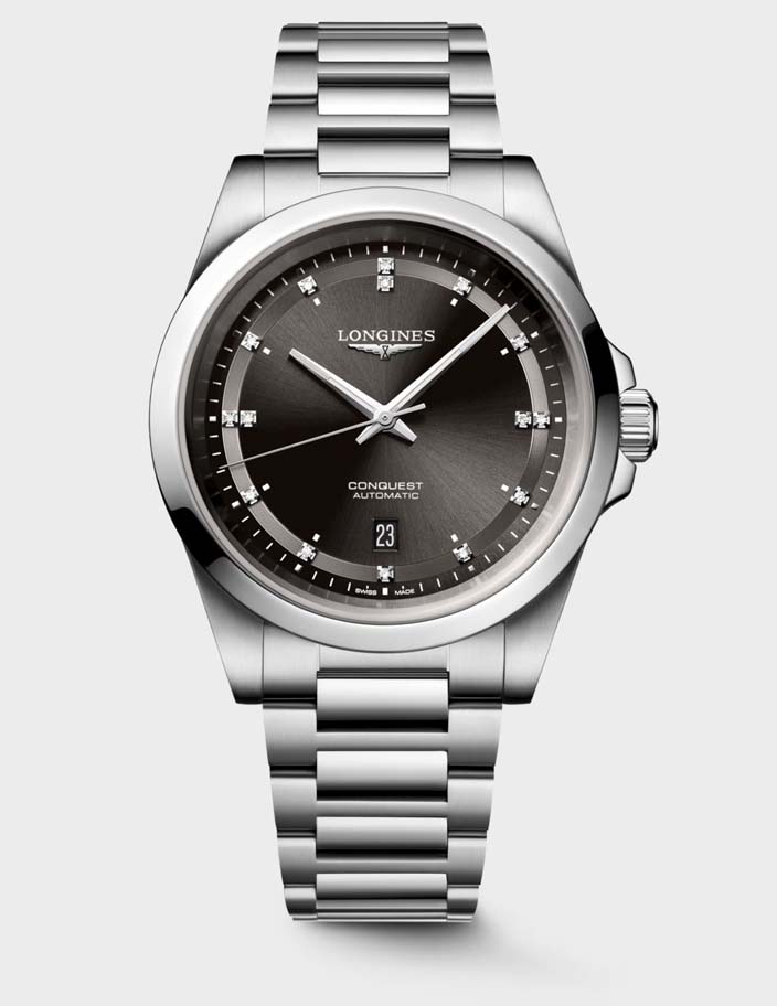 Мужские часы Longines Conquest L3.830.4.57.6, механизм механический с автоподзаводом, циферблат черный, браслет нержавеющая сталь — Изображение 1
