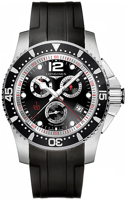 Мужские часы Longines HydroConquest L3.843.4.56.2, механизм кварцевый хронограф, циферблат черный, браслет каучук — Изображение 1