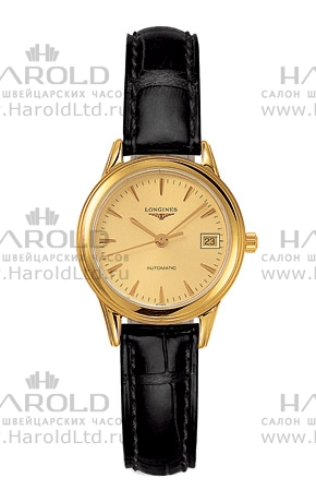 Женские часы Longines Flagship L4.274.6.32.2, механизм механический с автоподзаводом, циферблат золотистый, браслет кожа — Изображение 1