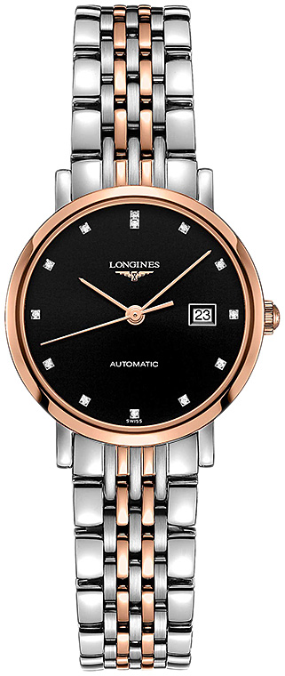 Женские часы Longines The Longines Elegant Collection L4.310.5.57.7, механизм механический с автоподзаводом, циферблат черный, браслет нержавеющая сталь + золото 18к — Изображение 1