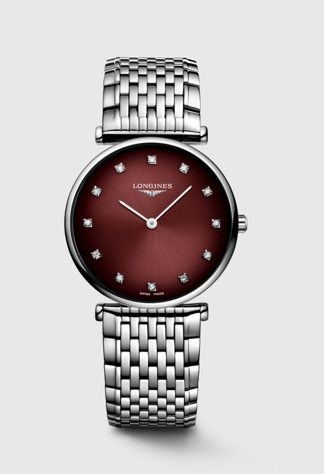 Женские часы Longines La Grande Classique de Longines L4.512.4.91.6, механизм кварцевый, циферблат бордовый, браслет нержавеющая сталь — Изображение 1