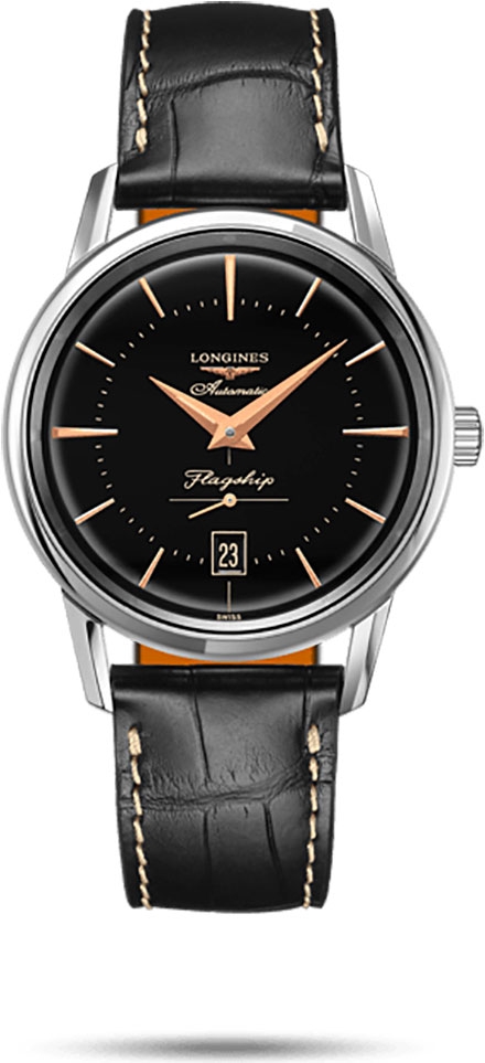 Мужские часы Longines Heritage L4.795.4.58.0, механизм механический с автоподзаводом, циферблат черный, браслет кожа — Изображение 1