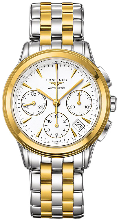 Мужские часы Longines Flagship L4.803.3.22.7, механизм механический хронограф с автоподзаводом, циферблат белый, браслет нержавеющая сталь + pvd — Изображение 1