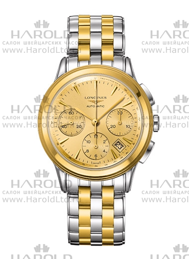 Мужские часы Longines Flagship L4.803.3.32.7, механизм механический хронограф с автоподзаводом, циферблат золотистый, браслет нержавеющая сталь + pvd — Изображение 1