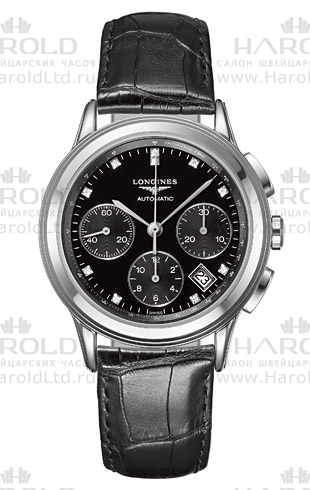 Мужские часы Longines Flagship L4.803.4.57.2, механизм механический хронограф с автоподзаводом, циферблат черный, браслет кожа — Изображение 1