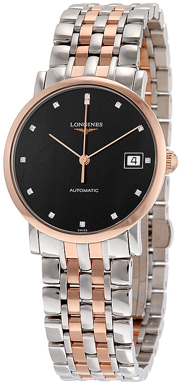 Унисекс часы Longines The Longines Elegant Collection L4.809.5.57.7, механизм механический с автоподзаводом, циферблат черный, браслет нержавеющая сталь + золото 18к — Изображение 2