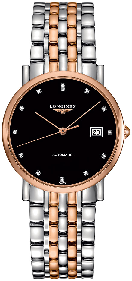 Унисекс часы Longines The Longines Elegant Collection L4.809.5.57.7, механизм механический с автоподзаводом, циферблат черный, браслет нержавеющая сталь + золото 18к — Изображение 1