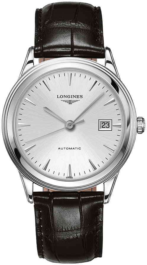 Мужские часы Longines Flagship L4.874.4.72.2, механизм механический с автоподзаводом, циферблат серебристый, браслет кожа — Изображение 1