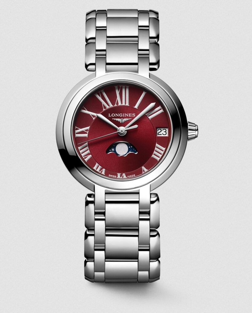 Женские часы Longines Longines PrimaLuna L8.115.4.92.6, механизм кварцевый, циферблат красный, браслет нержавеющая сталь — Изображение 1