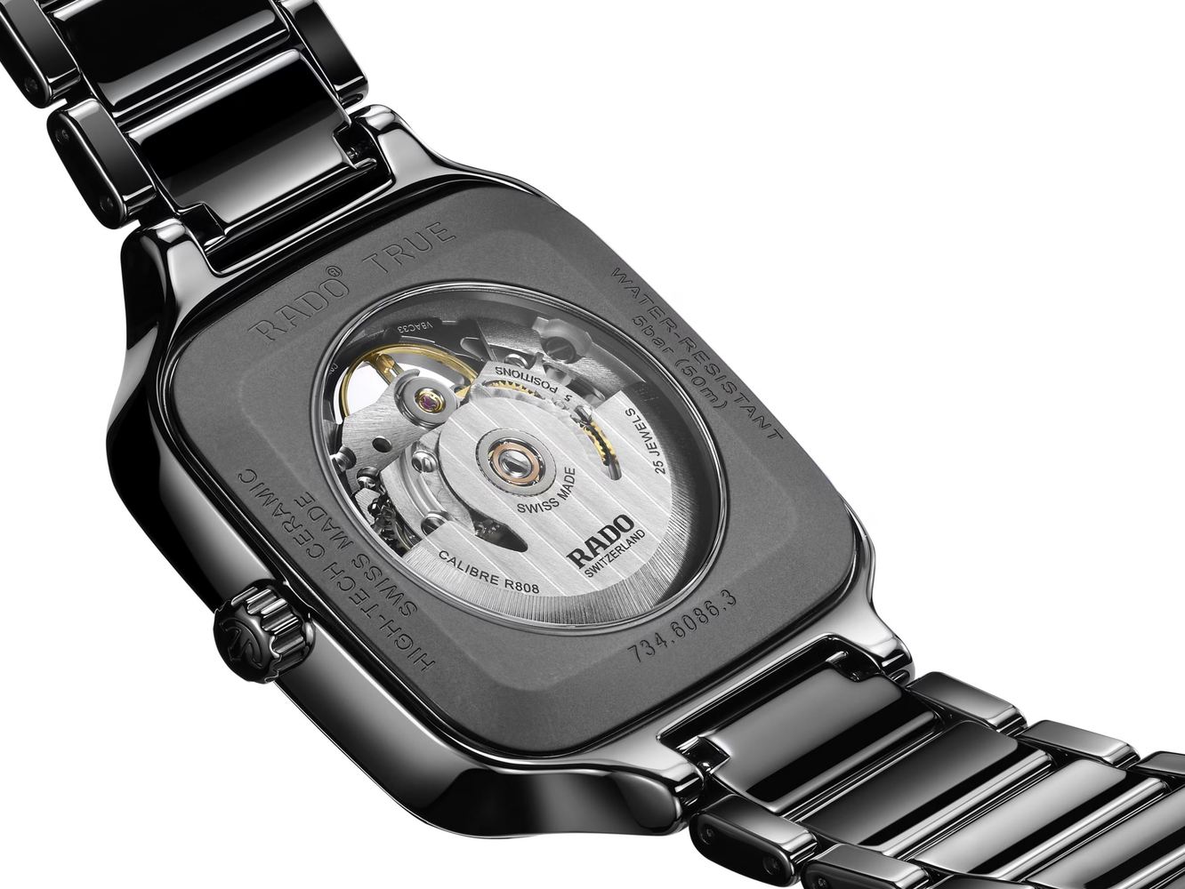 Унисекс механический с автоподзаводом часы Rado True Square 808.6124.3.016 черный керамика — Изображение 4
