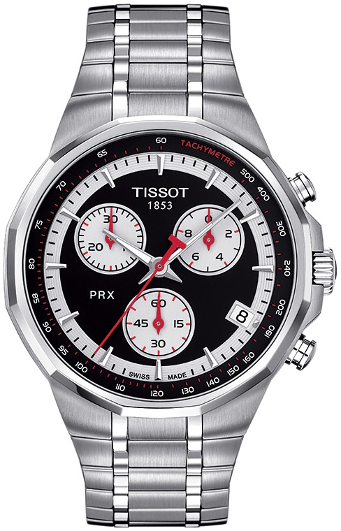 Мужские часы Tissot T077 T-Classic PRX T077.417.11.051.01, механизм кварцевый хронограф, циферблат черный, браслет нержавеющая сталь — Изображение 1