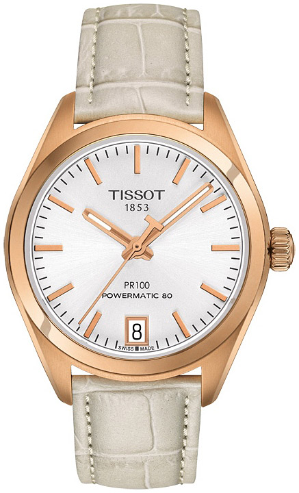 Женские часы Tissot T049 T-Classic PR 100 T101.207.36.031.00, механизм механический с автоподзаводом, циферблат белый, браслет кожа — Изображение 1
