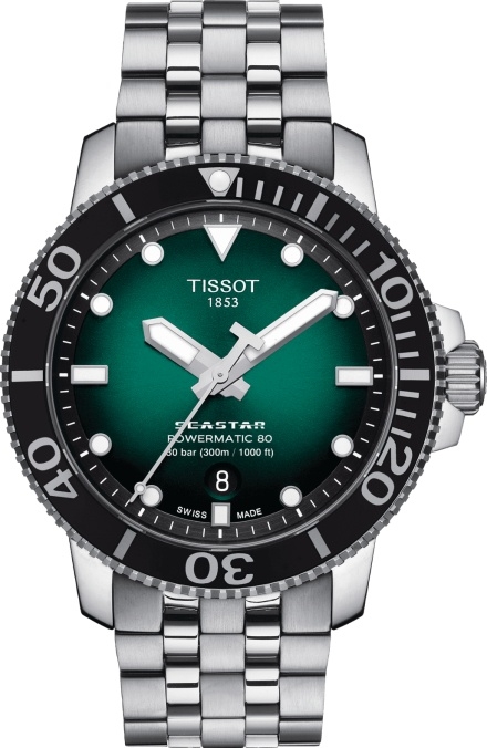 Мужские часы Tissot T066 T-Sport Seastar 1000 T120.407.11.091.01, механизм механический с автоподзаводом, циферблат зеленый, браслет нержавеющая сталь — Изображение 1