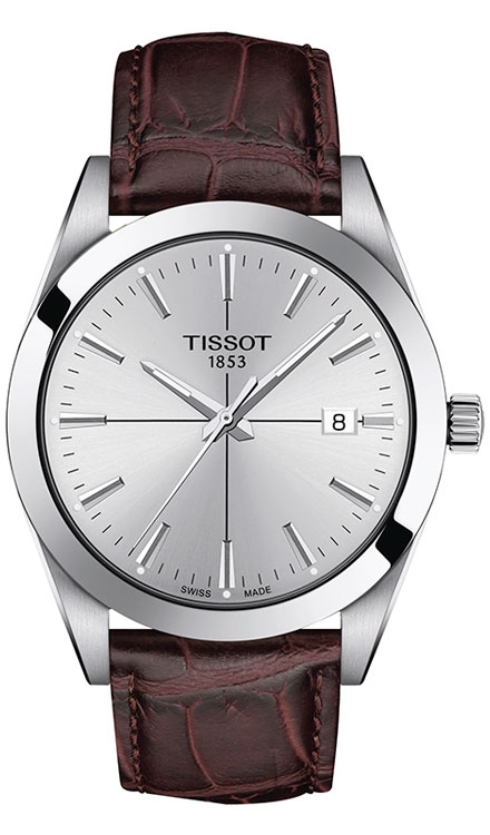 Мужские часы Tissot T098 T-Classic Gentleman T127.410.16.031.01, механизм кварцевый, циферблат серебристый, браслет кожа — Изображение 1