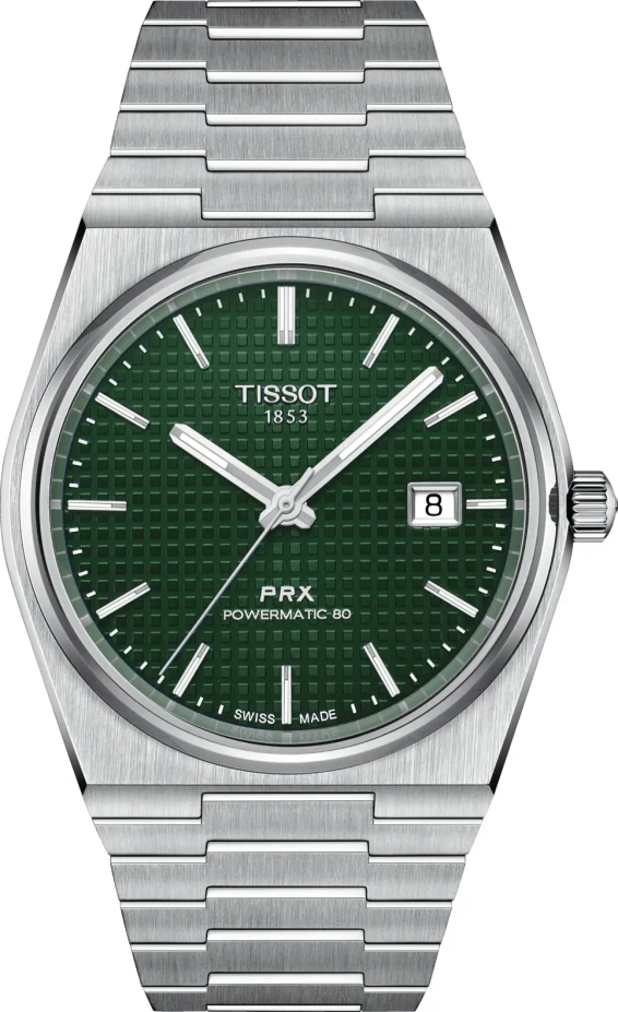 Мужские часы Tissot T137 T-Classic PRX T137.407.11.091.00, механизм механический с автоподзаводом, циферблат зеленый, браслет нержавеющая сталь — Изображение 1