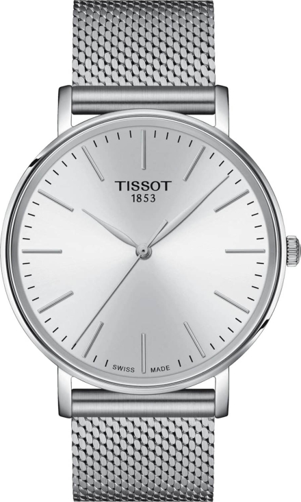 Мужские часы Tissot T143 T-Classic Everytime Gent T143.410.11.011.00, механизм кварцевый, циферблат серебристый, браслет нержавеющая сталь — Изображение 1